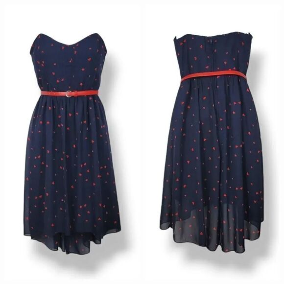 City Triangles Red Hearts Chiffon Strapless Belted Dress in Navy Blue/Red Size 7 - Picture 1 of 6